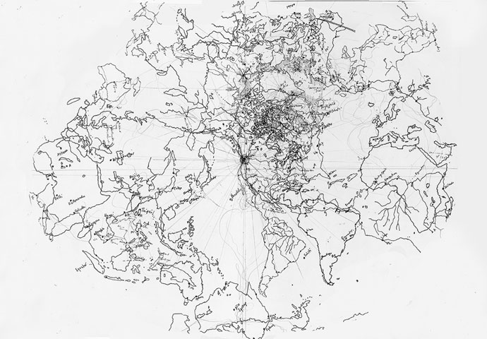 "Untitled map drawing" (2009, ink on paper, 50 x 60 cm) by Landon Mackenzie