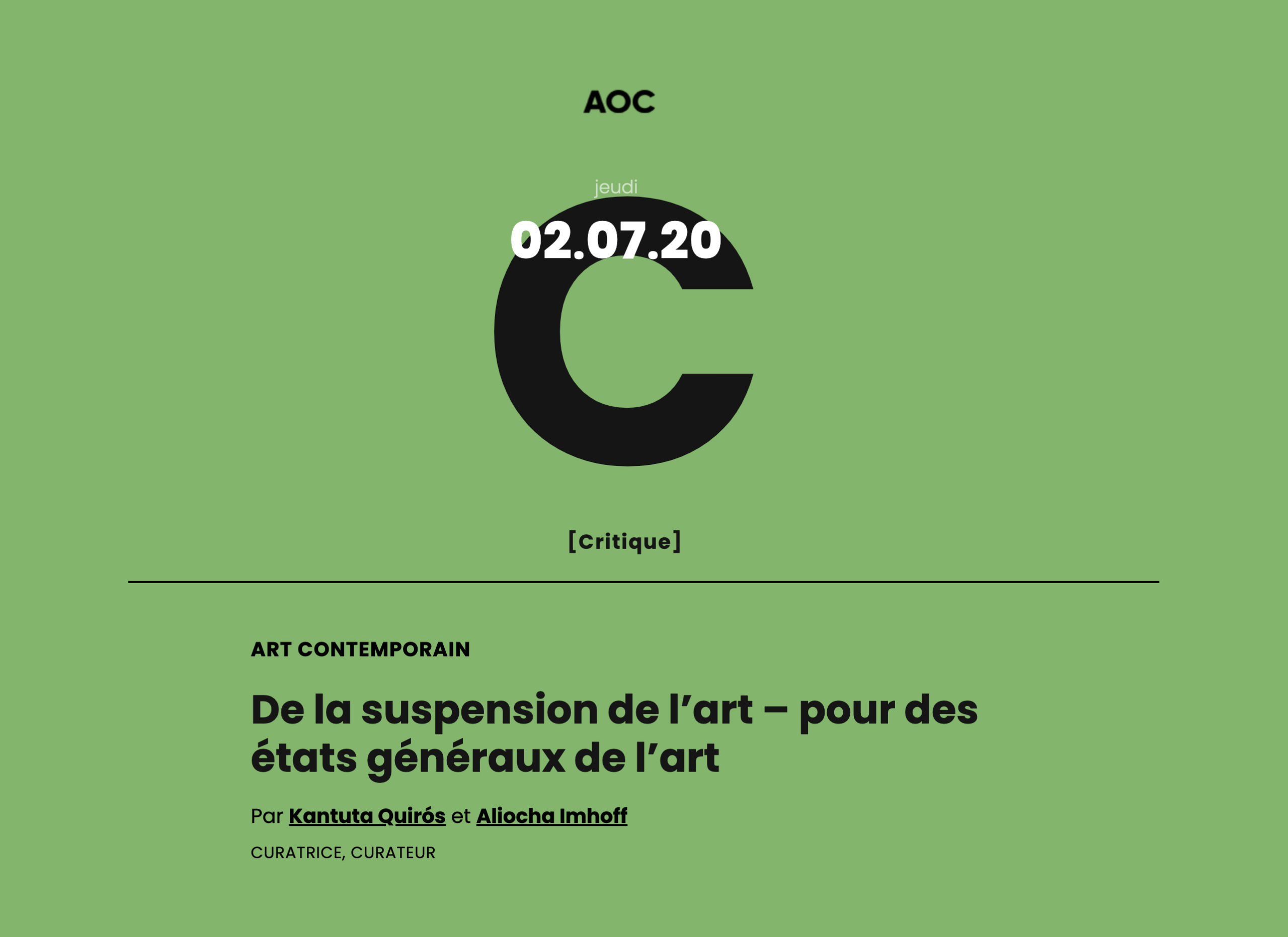 De la suspension de l’art – pour des états généraux de l’art (AOC, 2020)