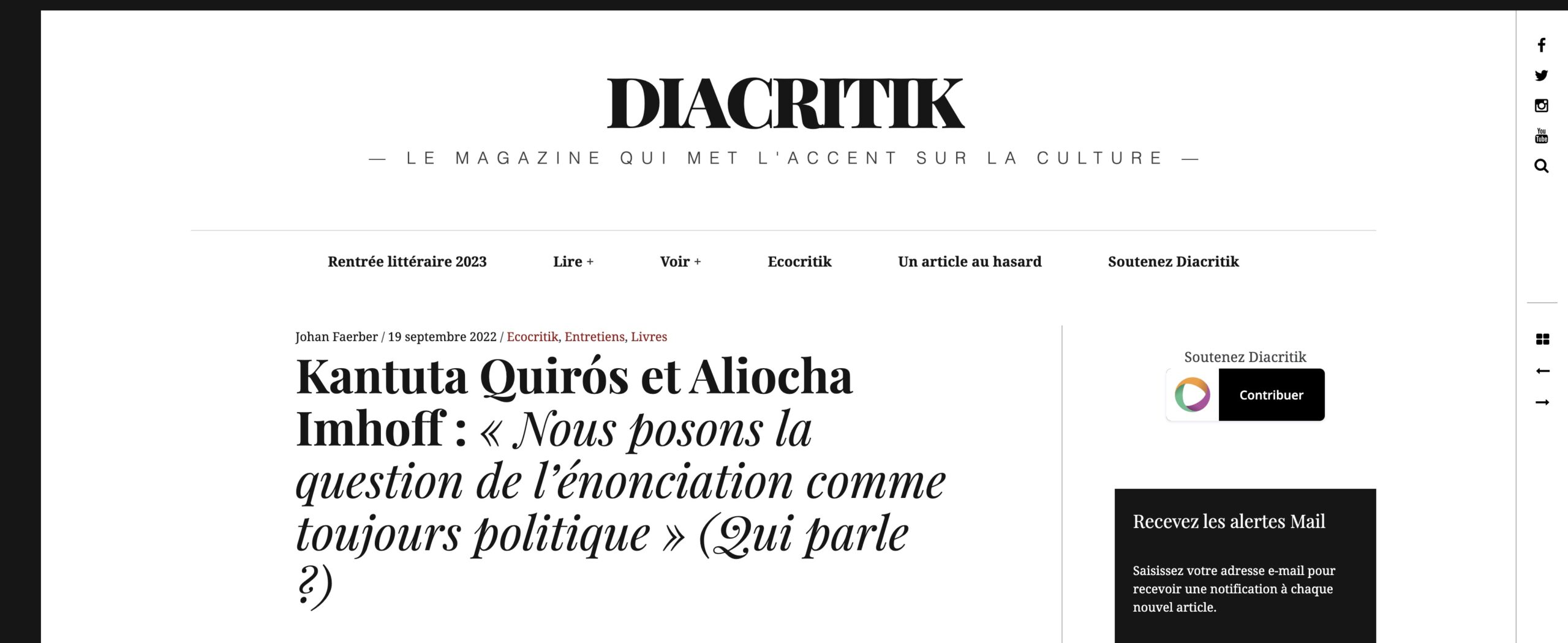 Entretien avec Aliocha Imhoff & Kantuta Quirós in Diacritik, septembre 2022